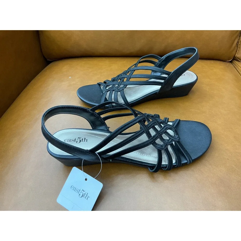 East 5th Reno Wedge Sandals Womens 7 Black Strappy Slingback Knotted EF RENO